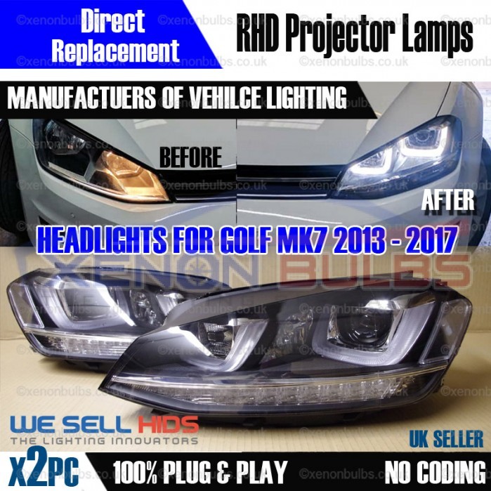 Det Omvendt Kassér HEADLAMPS For VW GOLF MK7 VII BI XENON DRL DAYTIME RUNNING LIGHT LED RHD